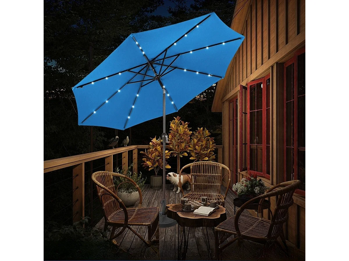 LED Beleuchtung Ampelschirm Rund Sonnenschirm Solarbetrieben Gartenschirm Kurbel Blau