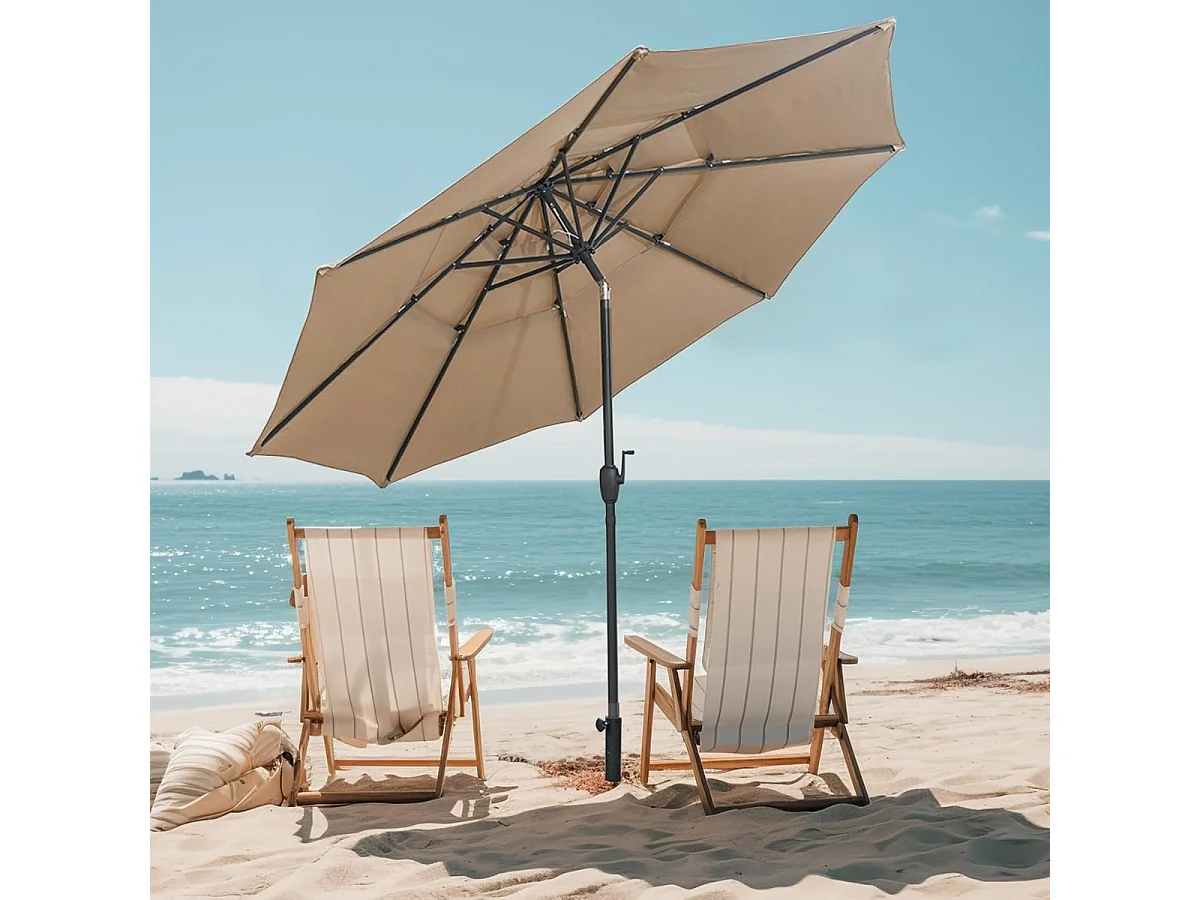 Parasol à 3 étages avec manivelle Parasol de jardin résistant au vent Parasol de terrasse Parasol de balcon Marron