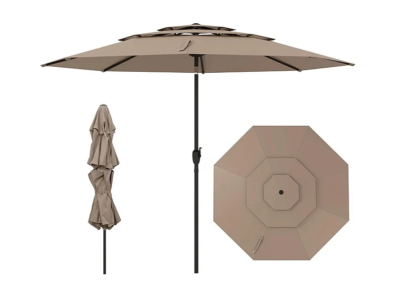 Parasol à 3 étages avec manivelle Parasol de jardin résistant au vent Parasol de terrasse Parasol de balcon Marron
