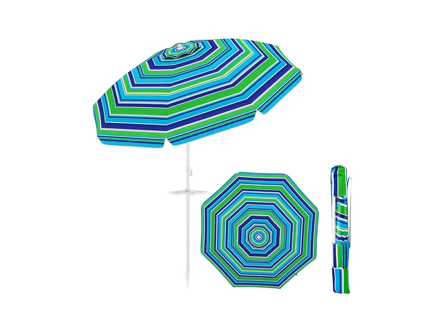 Parasol de Plage avec Porte-Gobelet Parasol de Jardin Inclinable 220cm Protection Solaire UPF50+ avec Pied d'ancrage à Visser Bleu-Vert