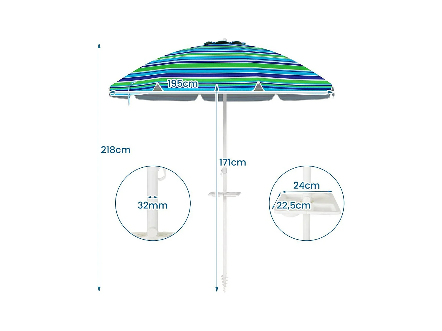 Parasol de Plage avec Porte-Gobelet Parasol de Jardin Inclinable 220cm Protection Solaire UPF50+ avec Pied d'ancrage à Visser Bleu-Vert