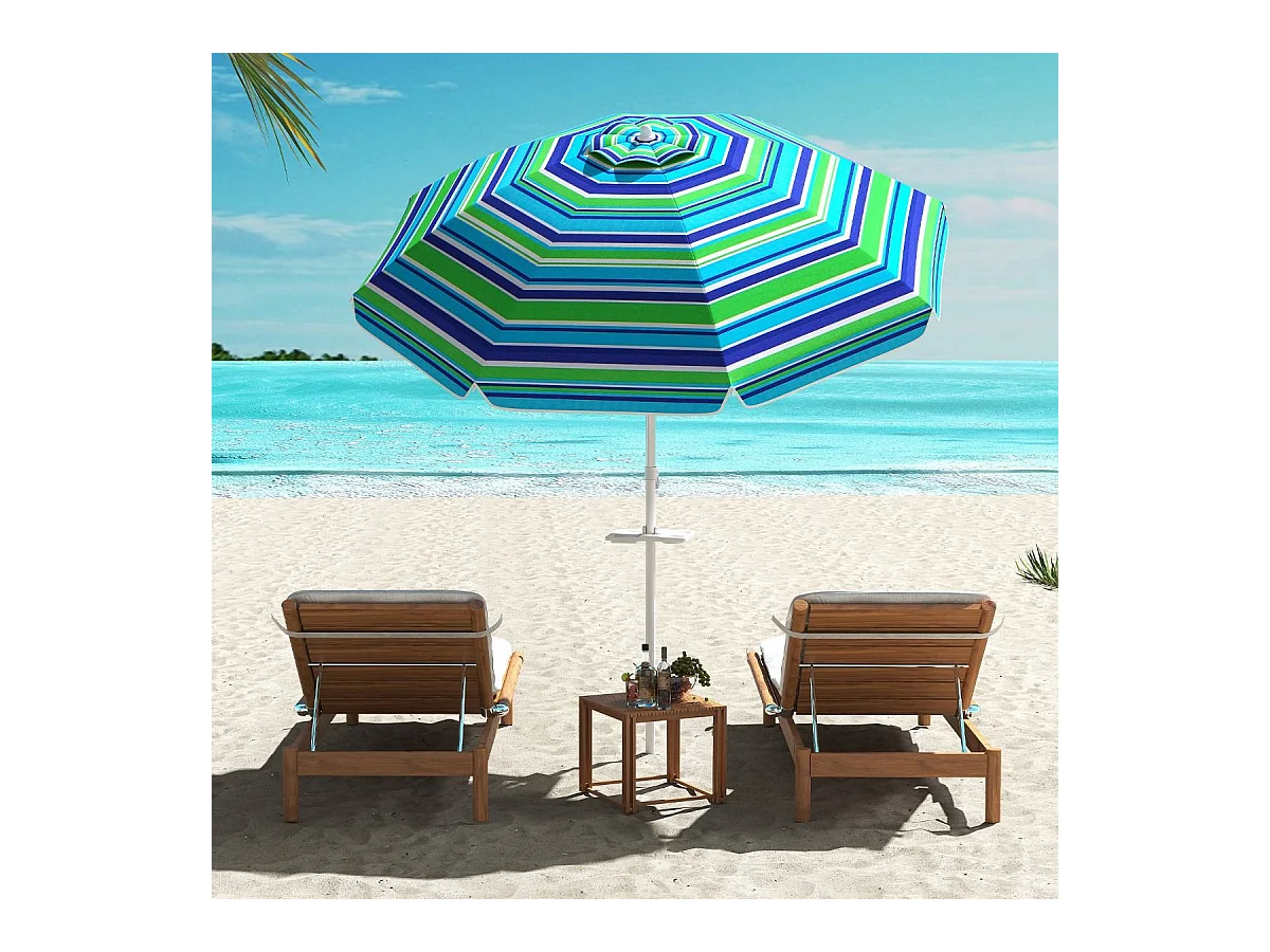 Parasol de Plage avec Porte-Gobelet Parasol de Jardin Inclinable 220cm Protection Solaire UPF50+ avec Pied d'ancrage à Visser Bleu-Vert