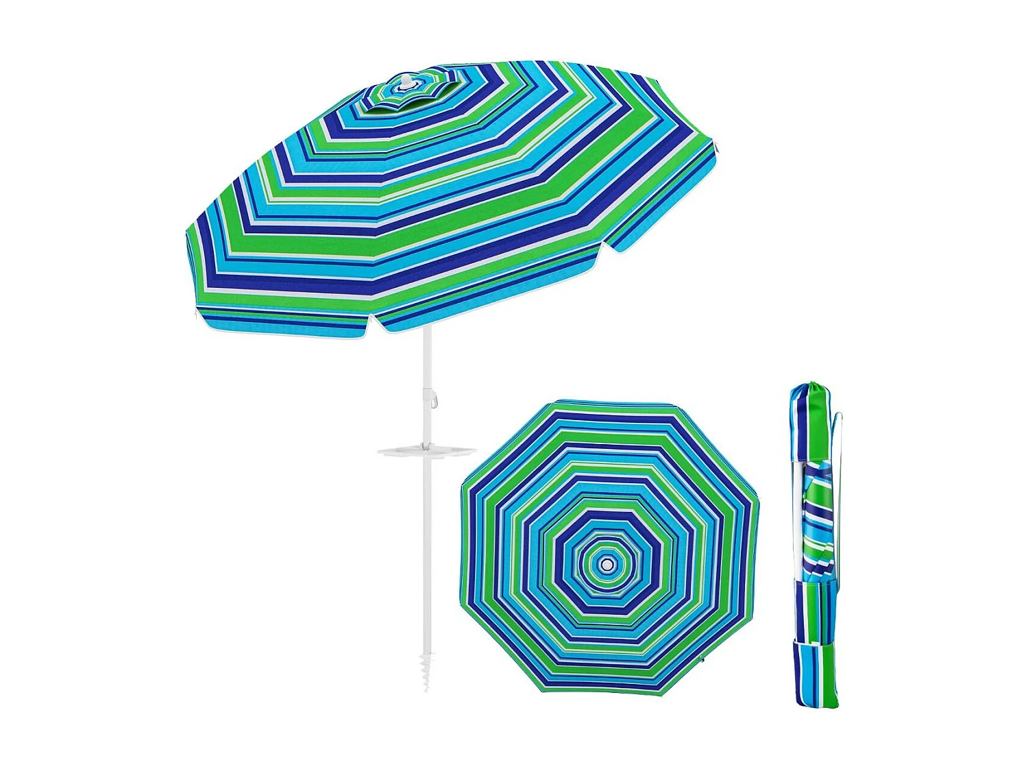 Parasol de Plage avec Porte-Gobelet Parasol de Jardin Inclinable 220cm Protection Solaire UPF50+ avec Pied d'ancrage à Visser Bleu-Vert