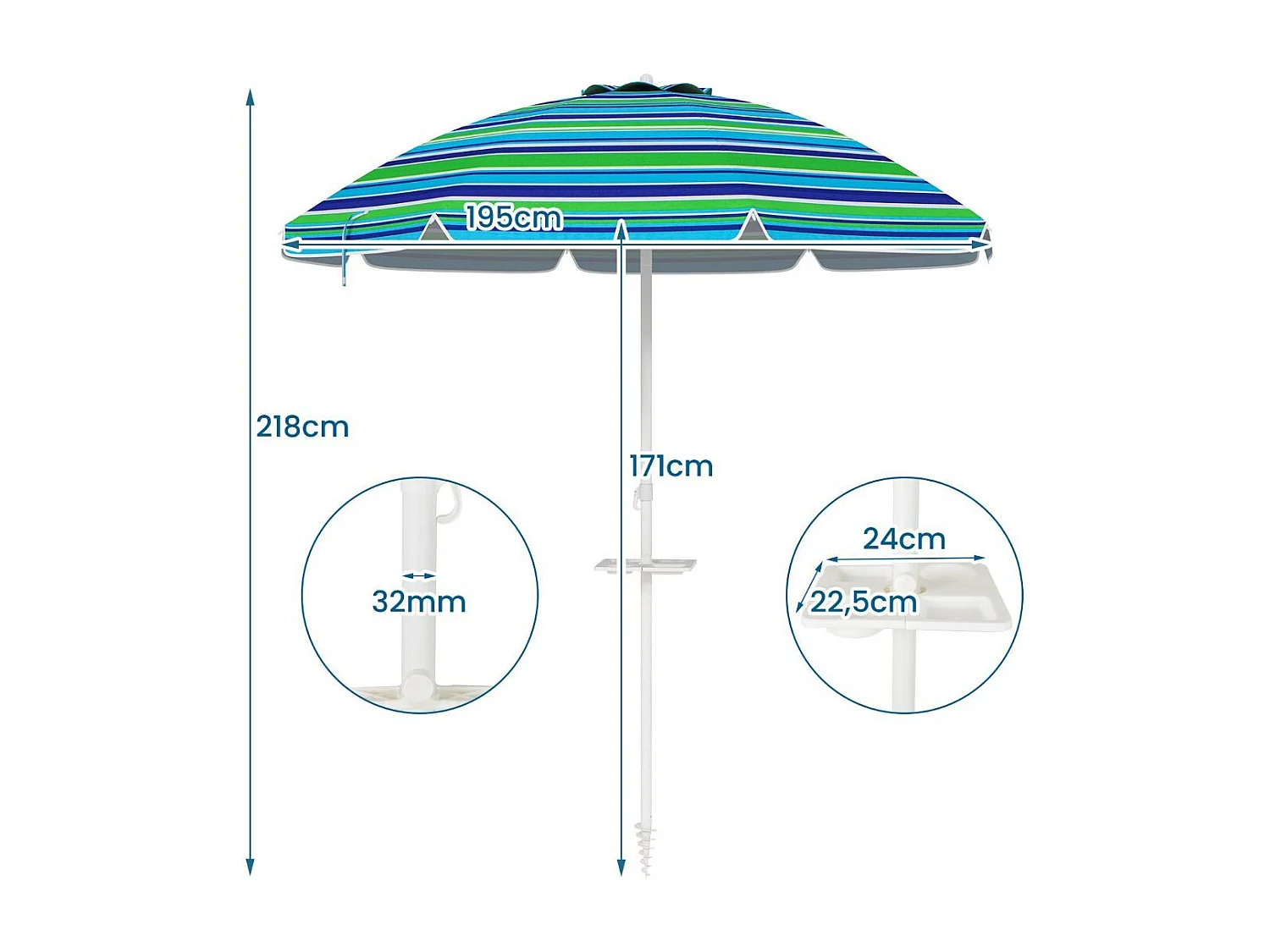Parasol de Plage avec Porte-Gobelet Parasol de Jardin Inclinable 220cm Protection Solaire UPF50+ avec Pied d'ancrage à Visser Bleu-Vert