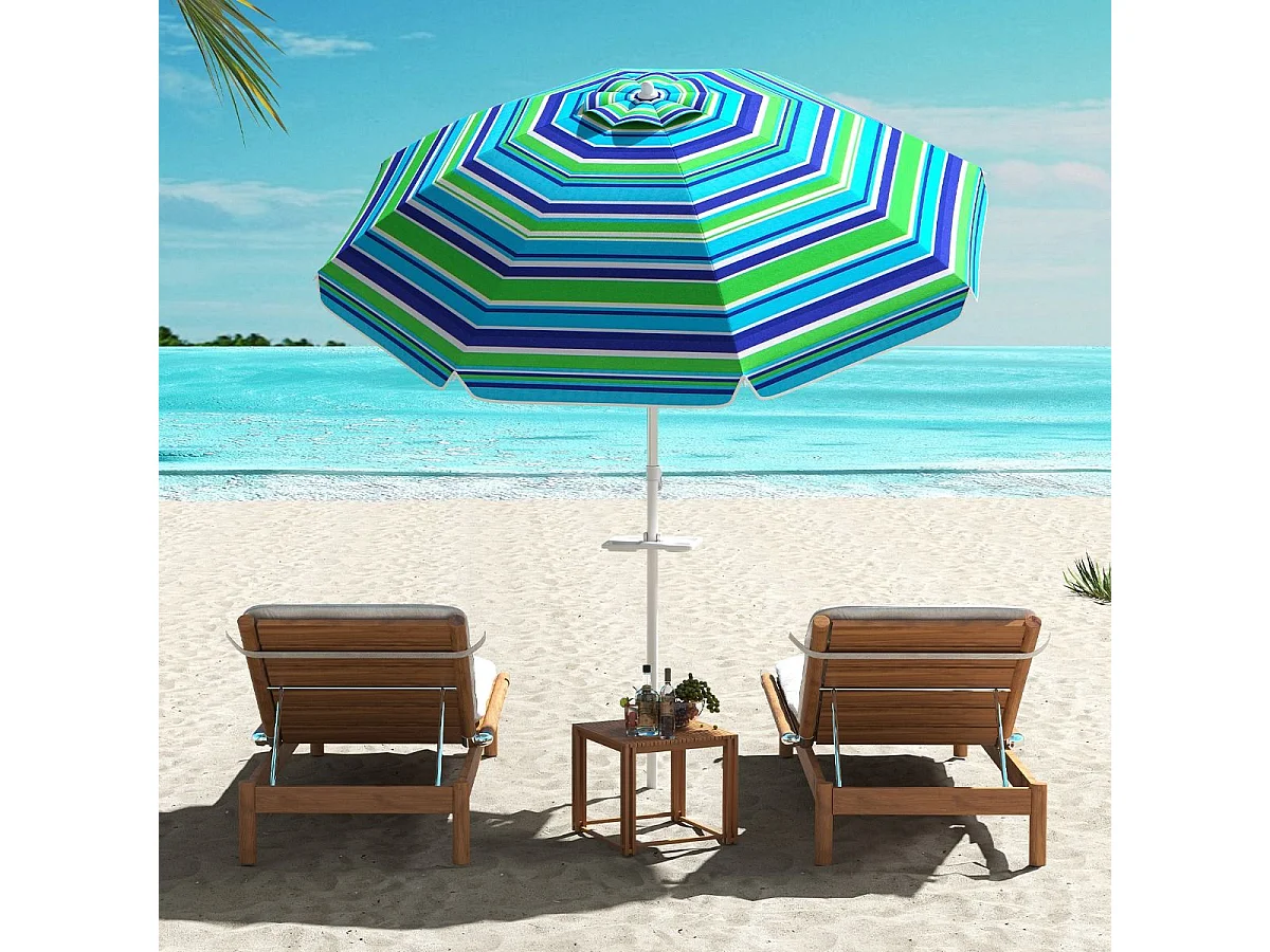 Parasol de Plage avec Porte-Gobelet Parasol de Jardin Inclinable 220cm Protection Solaire UPF50+ avec Pied d'ancrage à Visser Bleu-Vert