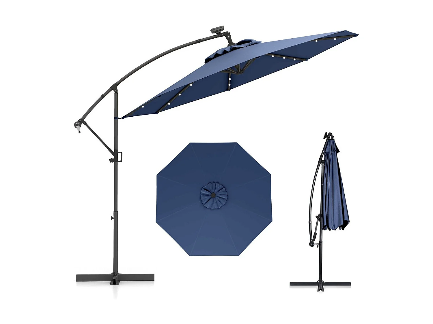 Parasol Déporté 3M avec 24 Lumières LED Solaires Rotatif 360° Angle Réglage Base Croisée Manivelle  Poteau en Aluminium Bleu Foncé