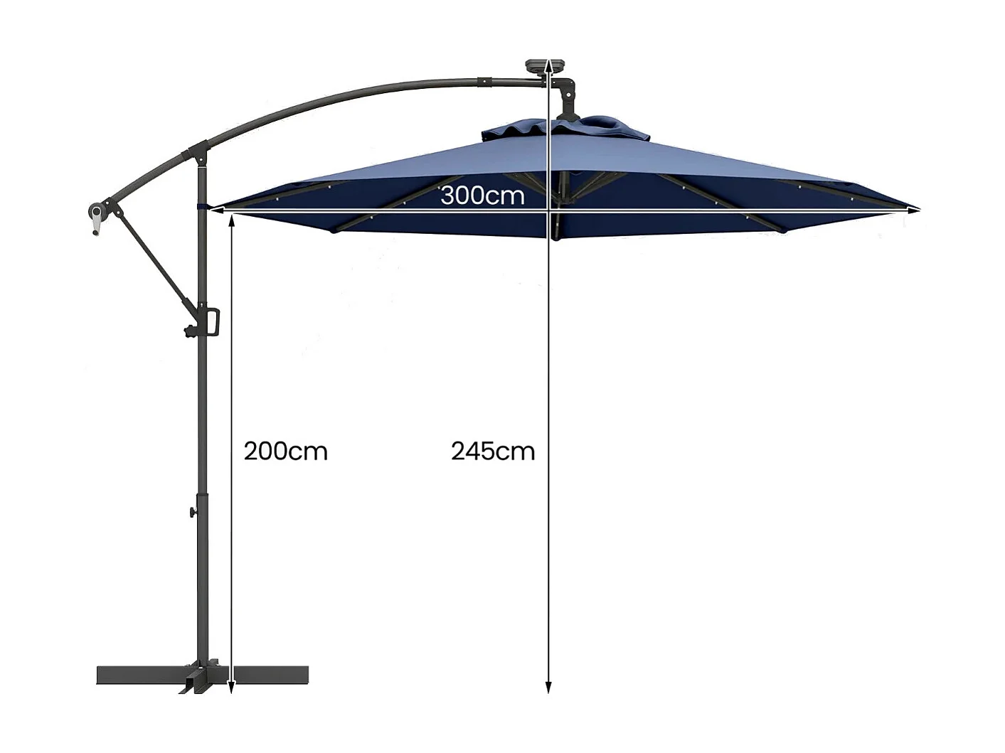 Parasol Déporté 3M avec 24 Lumières LED Solaires Rotatif 360° Angle Réglage Base Croisée Manivelle  Poteau en Aluminium Bleu Foncé