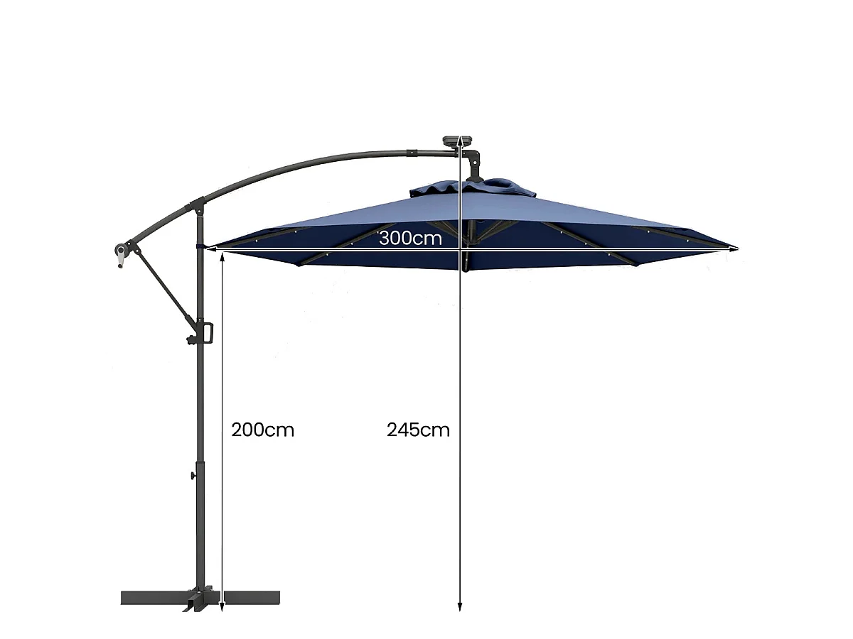 Parasol Déporté 3M avec 24 Lumières LED Solaires Rotatif 360° Angle Réglage Base Croisée Manivelle  Poteau en Aluminium Bleu Foncé