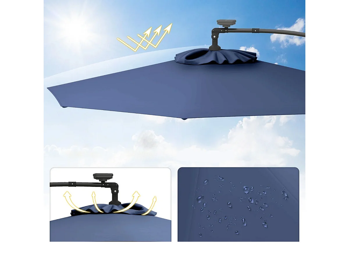 Parasol Déporté 3M avec 24 Lumières LED Solaires Rotatif 360° Angle Réglage Base Croisée Manivelle  Poteau en Aluminium Bleu Foncé