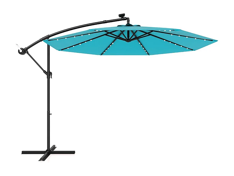 Parasol Déporté Solaire de 300 cm 40 Perles de Lampe Panneau Solaire Réglage de l'Inclinaison Base Croisée Manivelle Vert