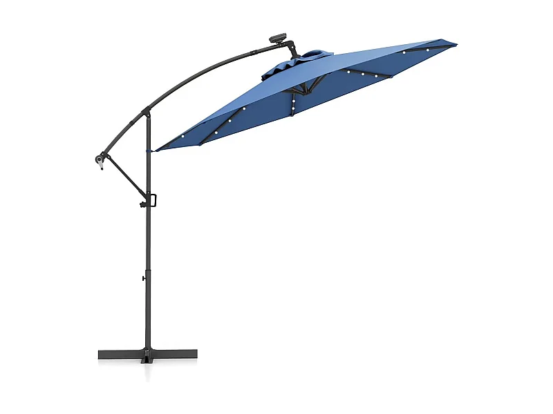 300 cm Sonnenschirm mit 32 Solar-LED-Leuchten Kurbel Gartenschirm Marktschirm Blau