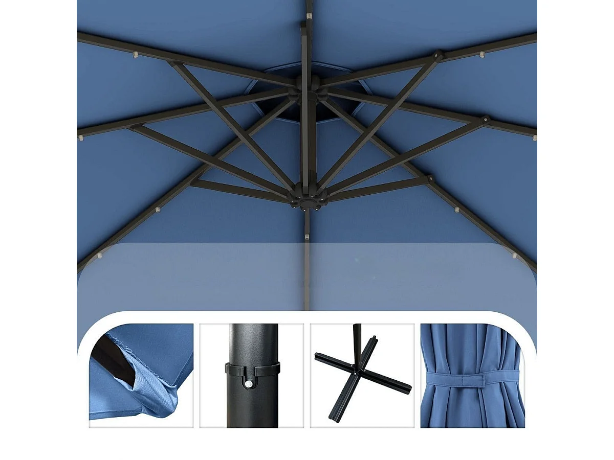 300 cm Sonnenschirm mit 32 Solar-LED-Leuchten Kurbel Gartenschirm Marktschirm Blau