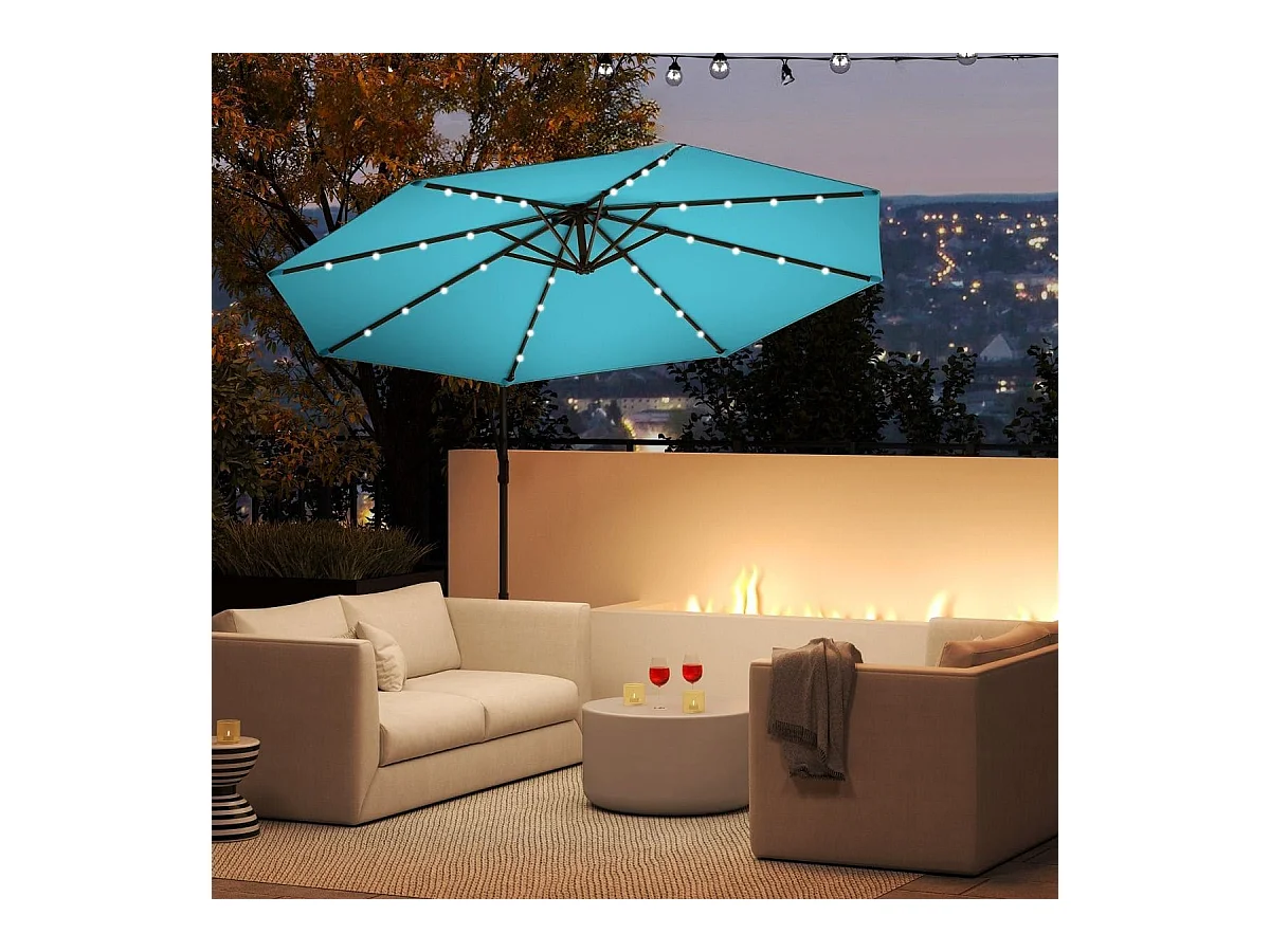 Ombrello solare da 300 CM con 40 lampadine, Pannello solare regolazione facile dell'inclinazione Turchese