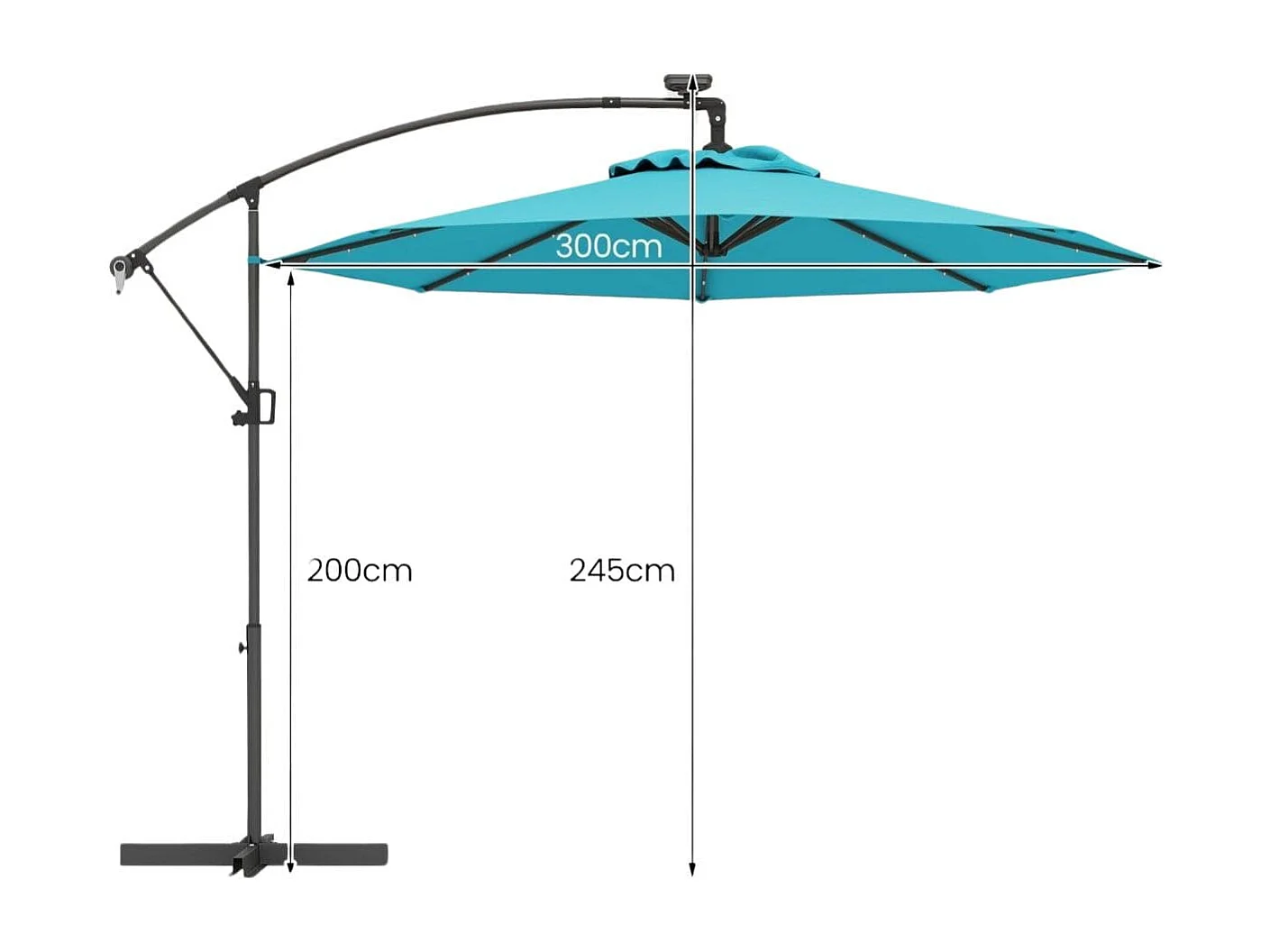 Parasol Déporté Solaire de 300 cm 40 Perles de Lampe Panneau Solaire Réglage de l'Inclinaison Base Croisée Manivelle Vert