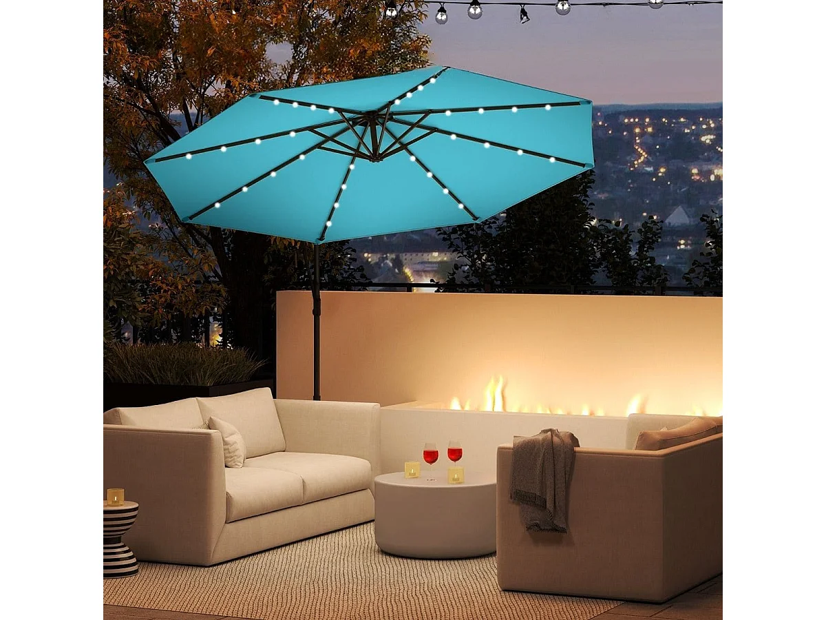 Parasol Déporté Solaire de 300 cm 40 Perles de Lampe Panneau Solaire Réglage de l'Inclinaison Base Croisée Manivelle Vert