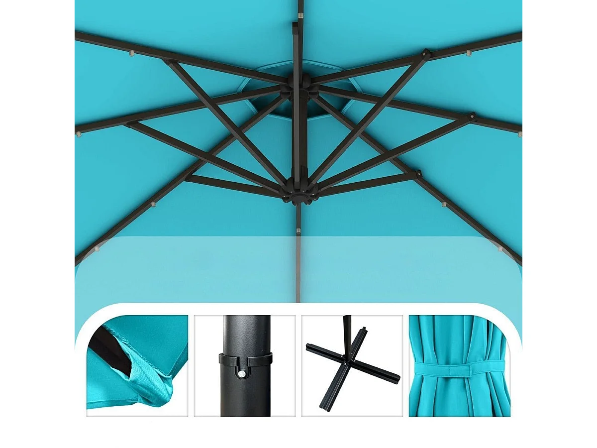 Parasol Déporté Solaire de 300 cm 40 Perles de Lampe Panneau Solaire Réglage de l'Inclinaison Base Croisée Manivelle Vert