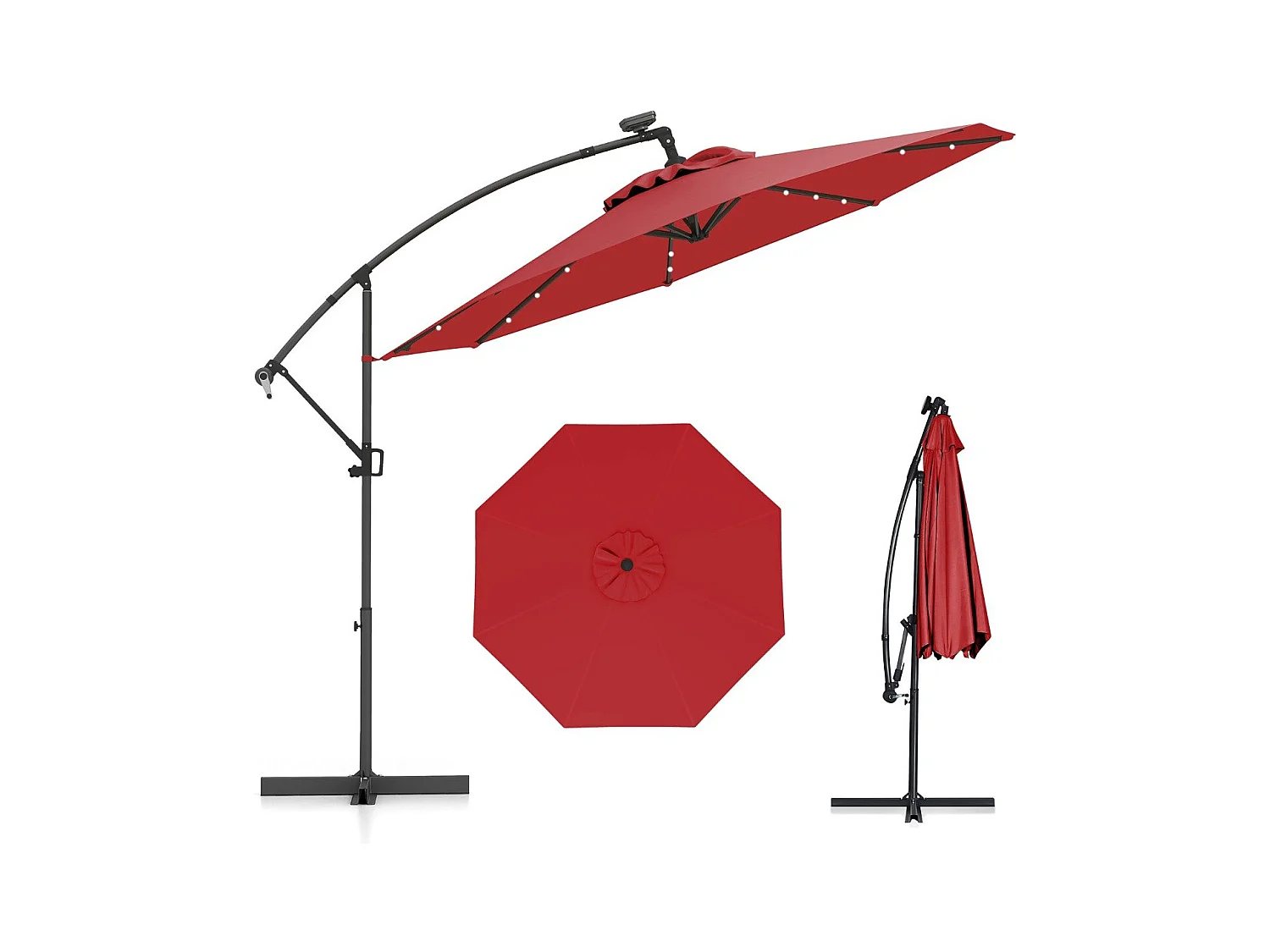 300 cm Sonnenschirm mit 32 Solar-LED-Leuchten & Kurbel Gartenschirm Marktschirm Rot
