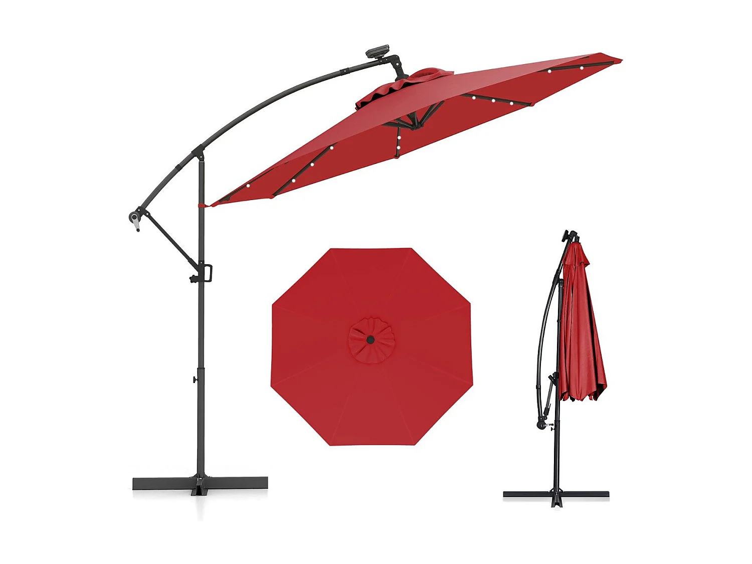 300 cm Sonnenschirm mit 32 Solar-LED-Leuchten & Kurbel Gartenschirm Marktschirm Rot