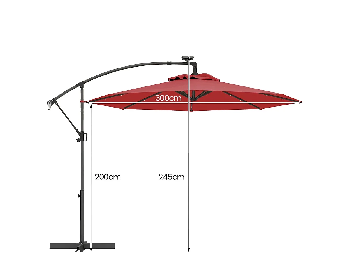 Ombrellone da giardino 300 cm con 32 luci led per piscina e altri spazi esteriori, Ombrellone girevole con inclinazione regolabile esteriori Rosso