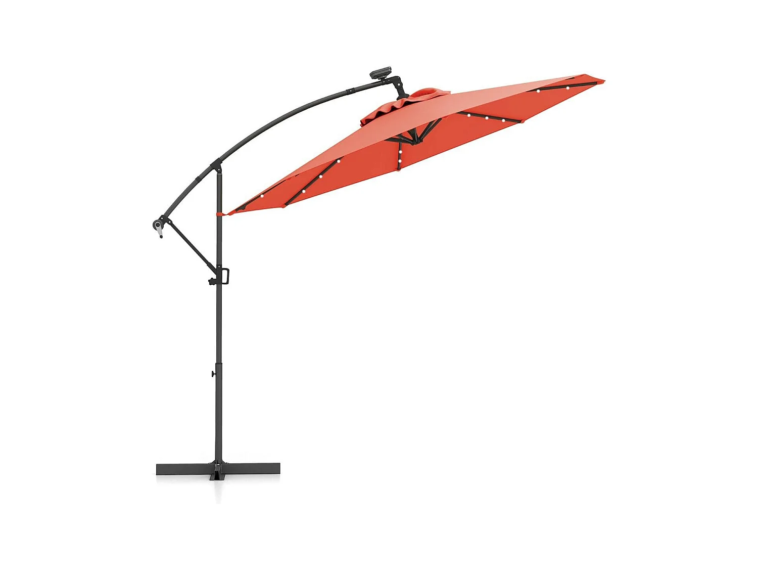 Parasol Déporté 3M avec 24 Lumières LED Solaires Rotatif 360° Angle Réglage Base Croisée Manivelle  Poteau en Aluminium Orange