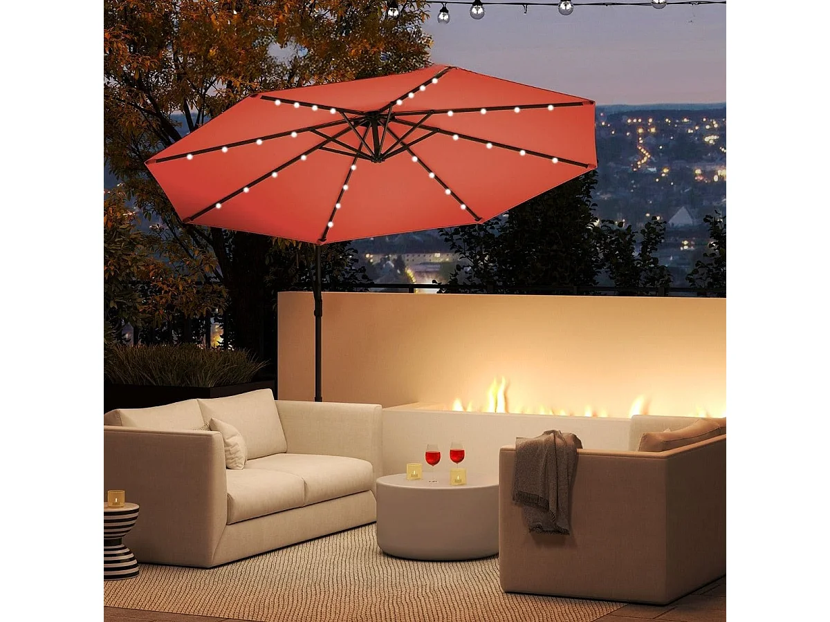 300 cm Sonnenschirm mit 32 Solar-LED-Leuchten Kurbel Gartenschirm Marktschirm Orange