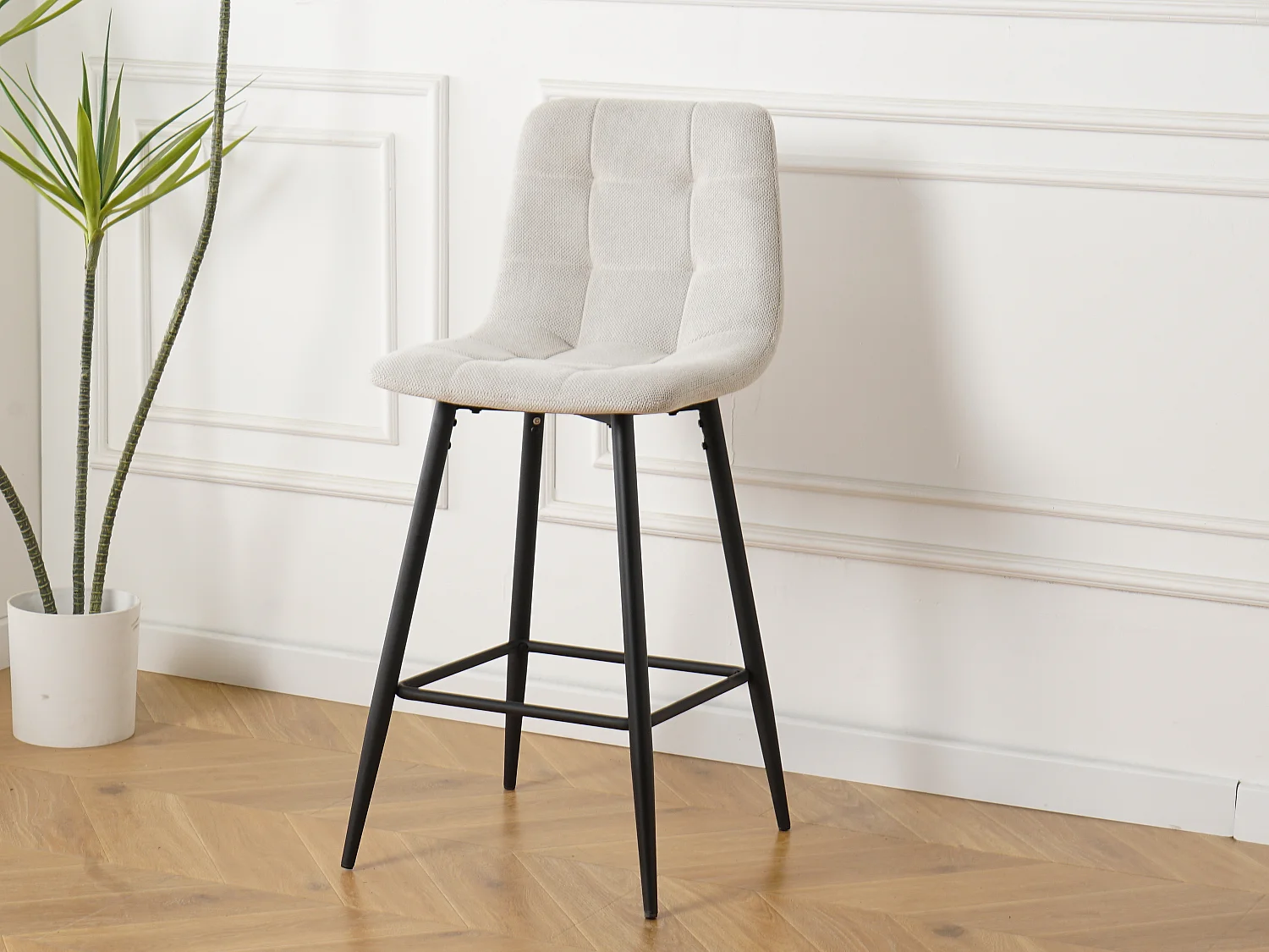 Lot de 2 tabourets de bar avec dossier - tissu coloris beige - hauteur assise 65 cm - CURIO