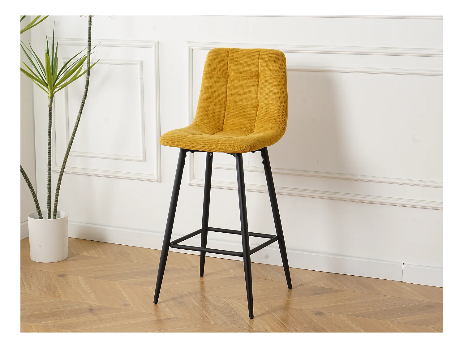 Lot de 2 tabourets de bar avec dossier - tissu coloris jaune - hauteur assise 65 cm - CURIO