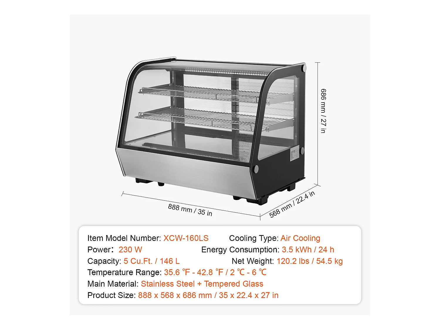 Vitrine Réfrigérée SucceBuy à 2 Niveaux, Réfrigérateur Commercial à 2 Niveaux, Vitrine de Comptoir pour Pâtisserie avec Éclairage LED, Refroidissement Turbo