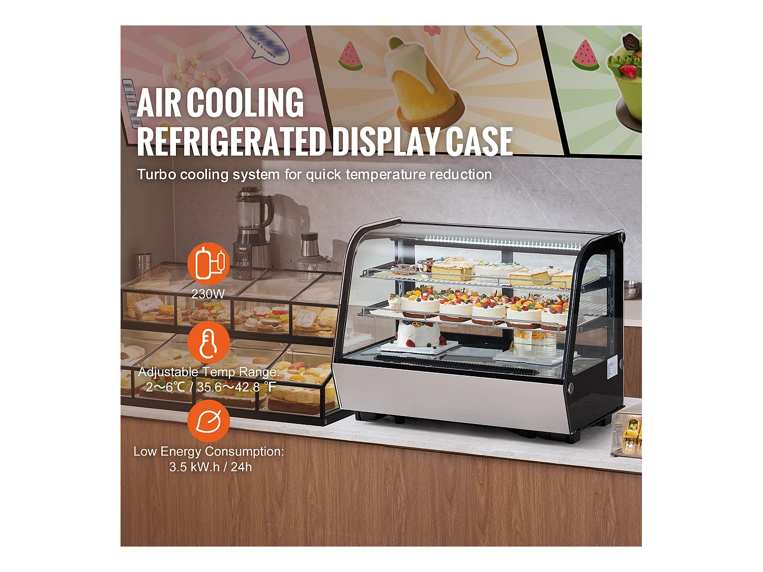 Vitrine Réfrigérée SucceBuy à 2 Niveaux, Réfrigérateur Commercial à 2 Niveaux, Vitrine de Comptoir pour Pâtisserie avec Éclairage LED, Refroidissement Turbo