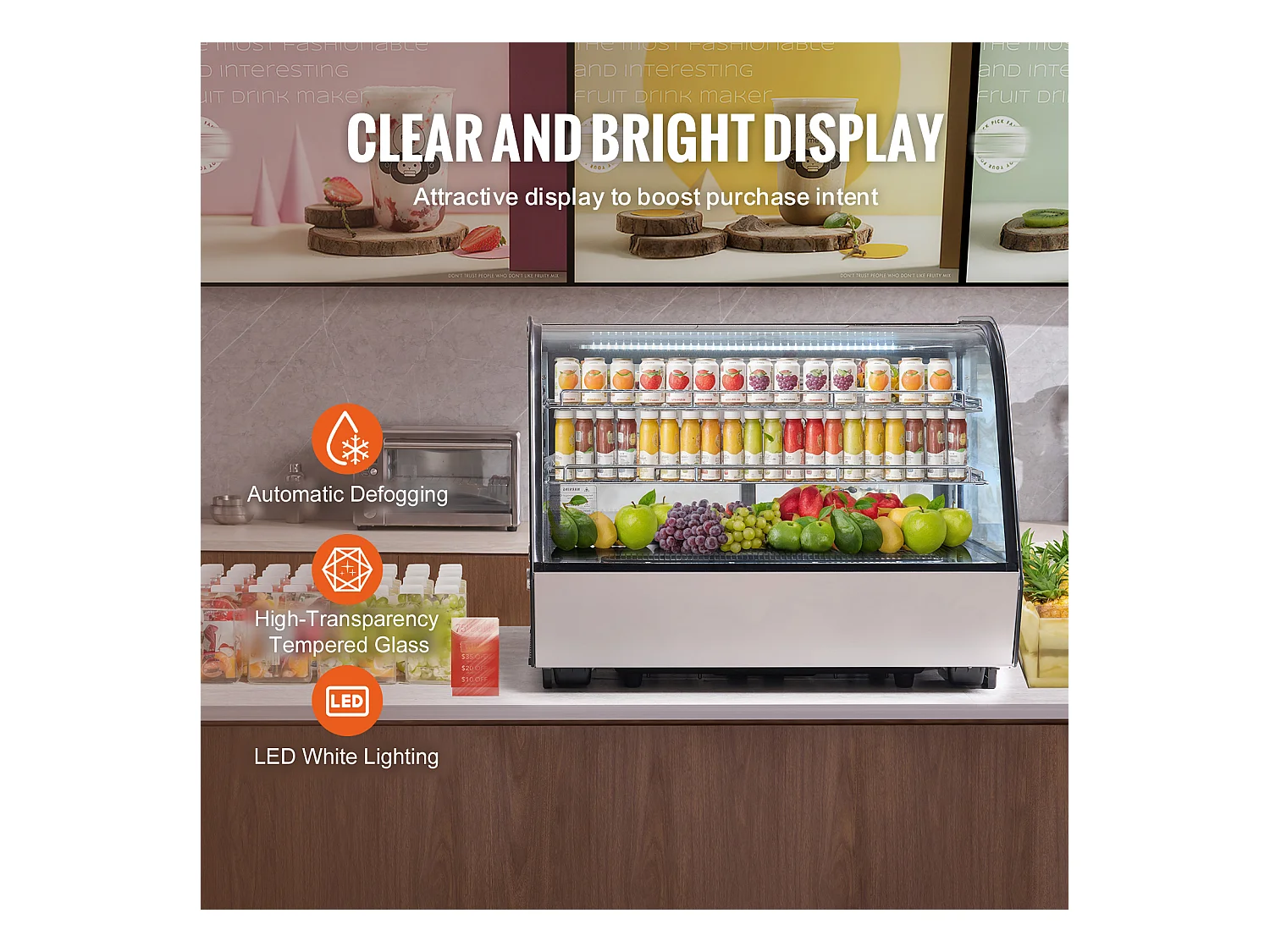 Vitrine Réfrigérée SucceBuy à 2 Niveaux, Réfrigérateur Commercial à 2 Niveaux, Vitrine de Comptoir pour Pâtisserie avec Éclairage LED, Refroidissement Turbo