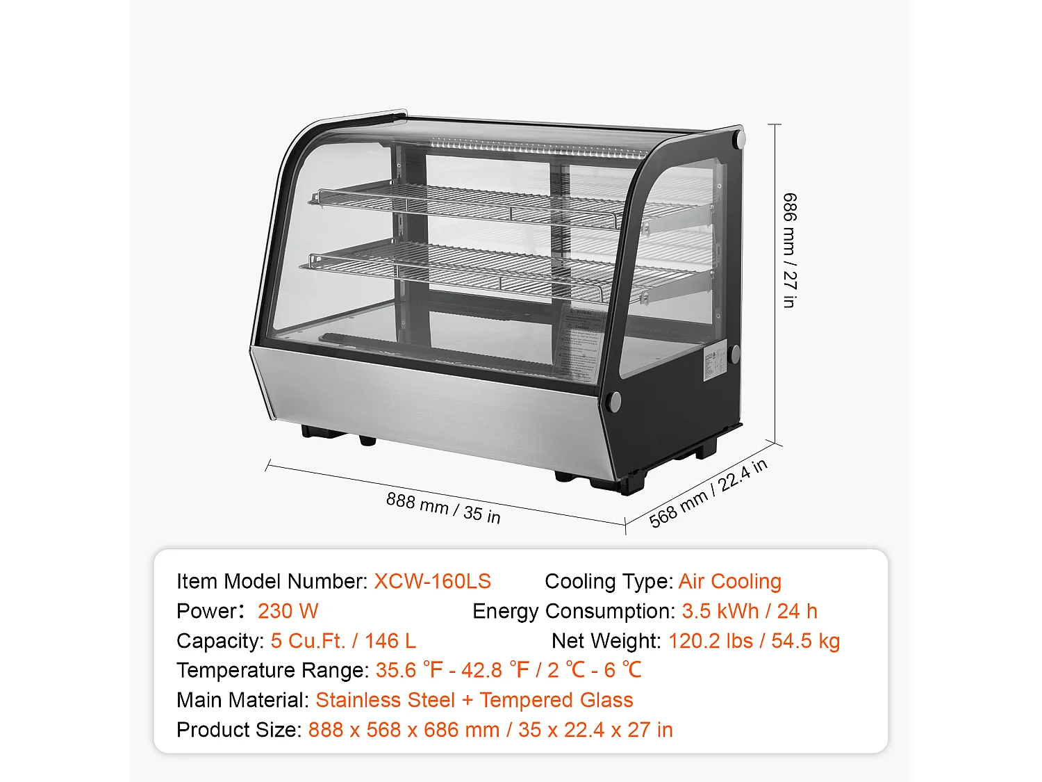 Vitrine Réfrigérée SucceBuy à 2 Niveaux, Réfrigérateur Commercial à 2 Niveaux, Vitrine de Comptoir pour Pâtisserie avec Éclairage LED, Refroidissement Turbo