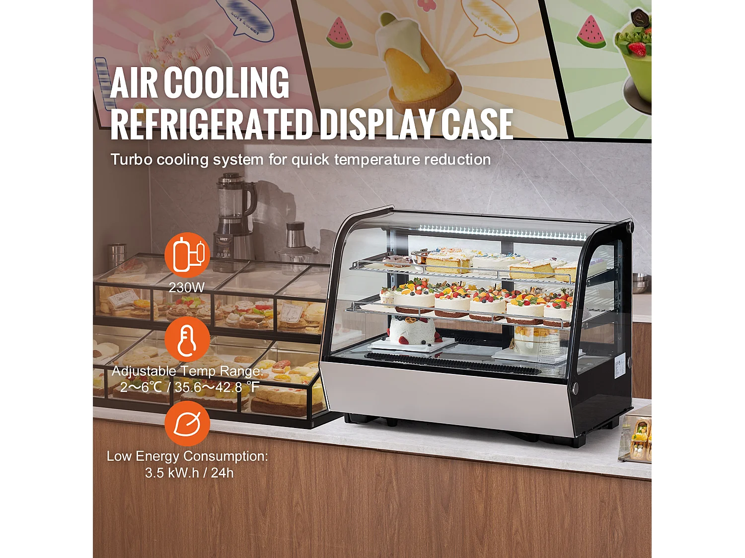 Vitrine Réfrigérée SucceBuy à 2 Niveaux, Réfrigérateur Commercial à 2 Niveaux, Vitrine de Comptoir pour Pâtisserie avec Éclairage LED, Refroidissement Turbo