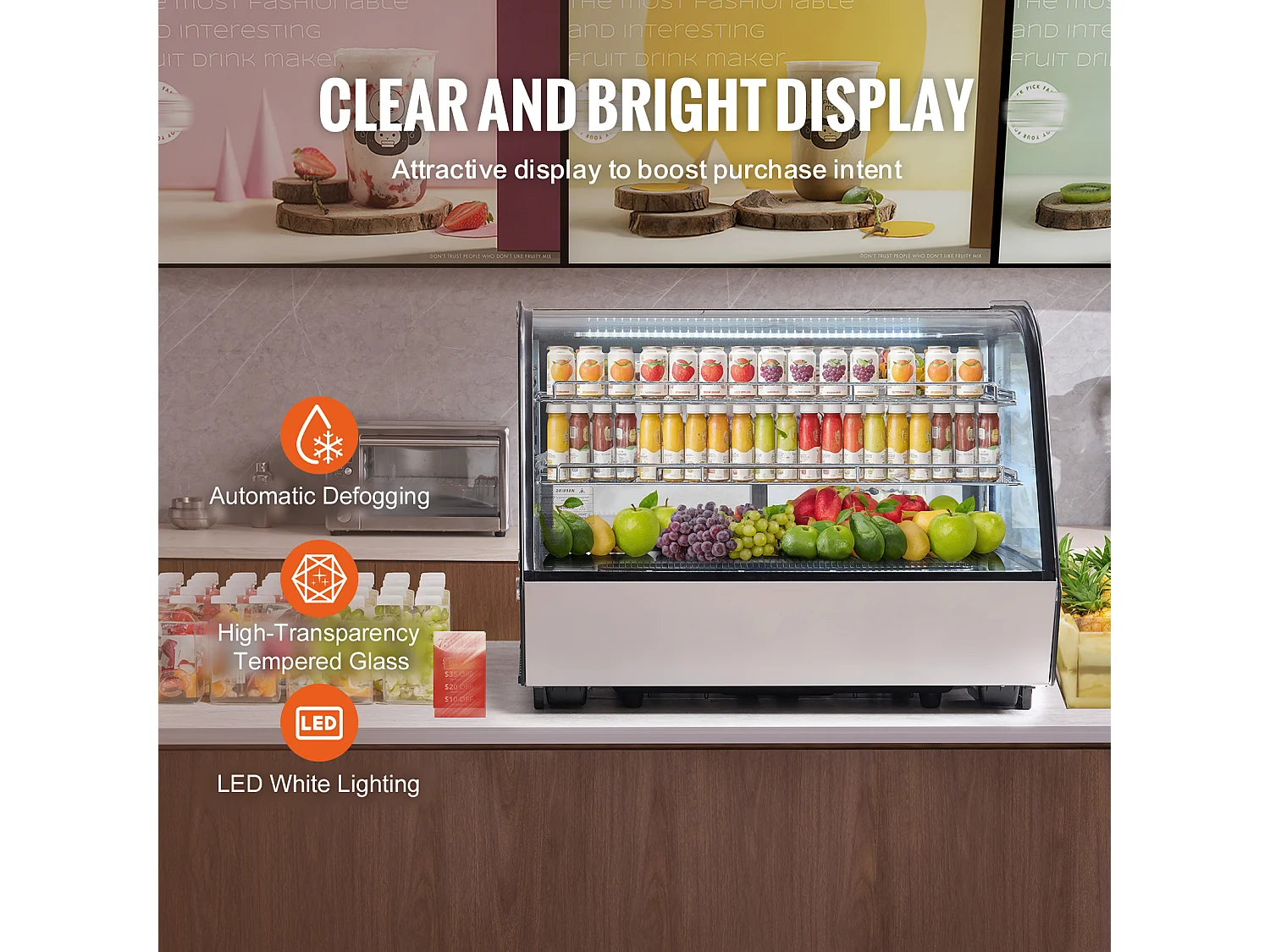 Vitrine Réfrigérée SucceBuy à 2 Niveaux, Réfrigérateur Commercial à 2 Niveaux, Vitrine de Comptoir pour Pâtisserie avec Éclairage LED, Refroidissement Turbo