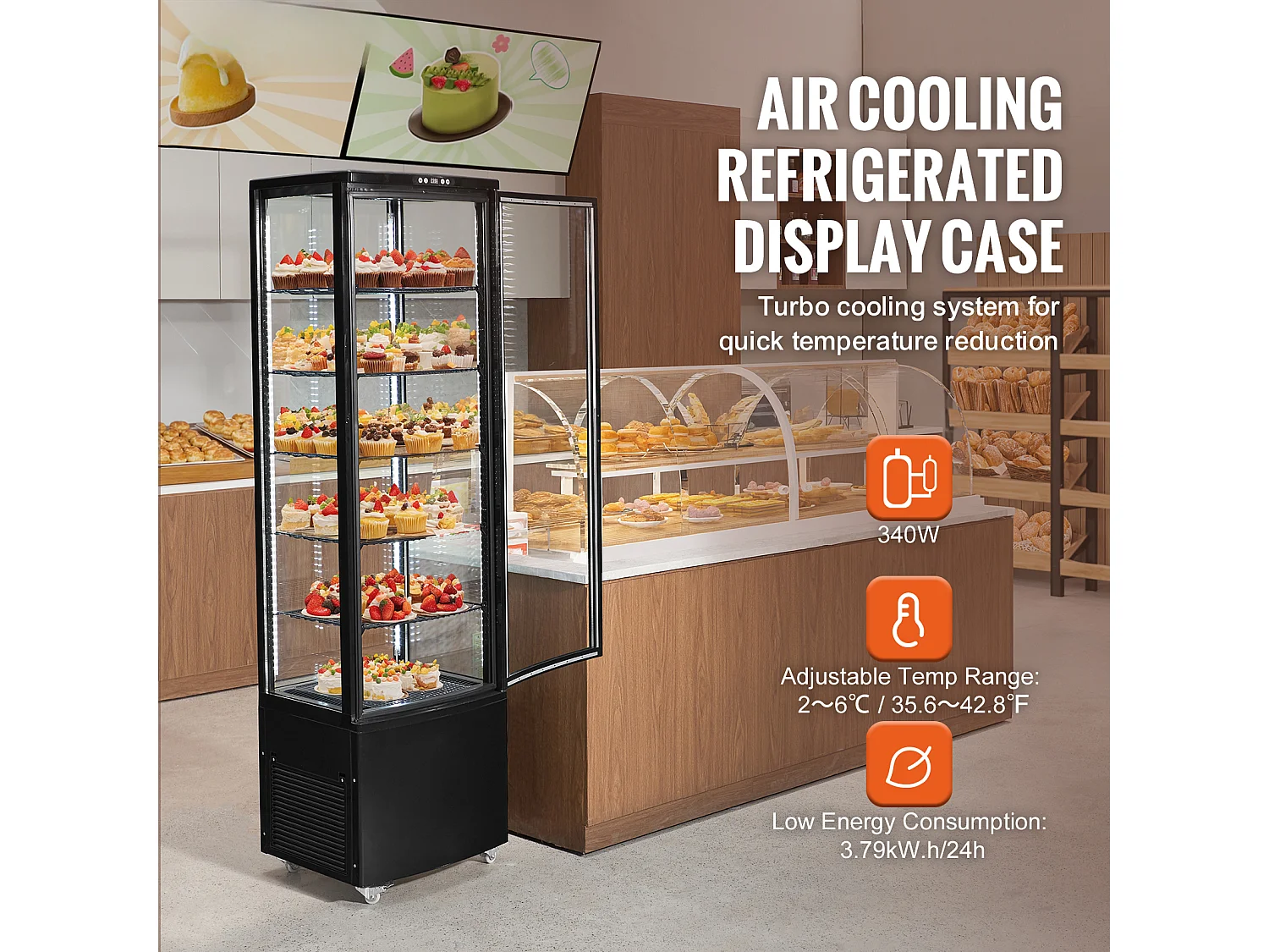 Vitrina Refrigerada SucceBuy a 5 Niveles para Panadería 278 L, Refrigerador Comercial a 5 Niveles, Gran Vitrina de Pastelería con Iluminación LED