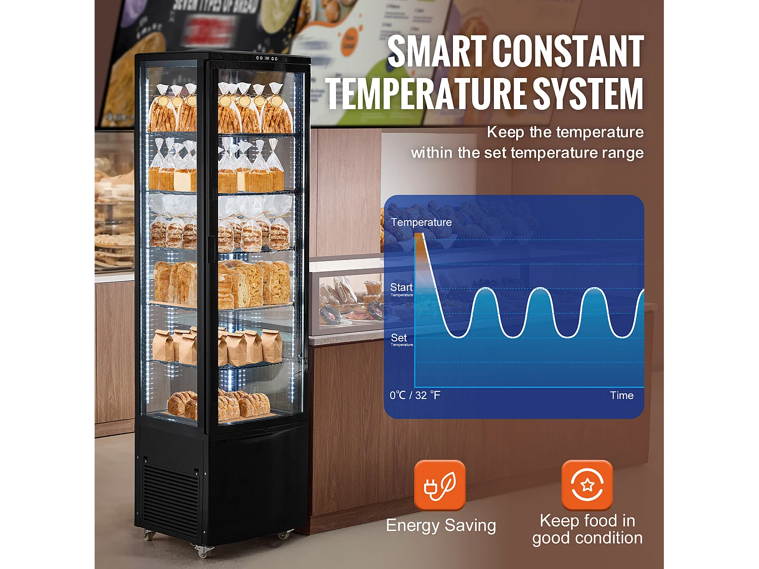 Vitrina Refrigerada SucceBuy a 5 Niveles para Panadería 278 L, Refrigerador Comercial a 5 Niveles, Gran Vitrina de Pastelería con Iluminación LED