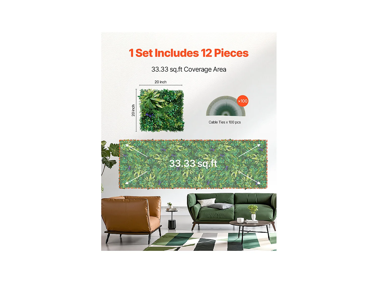 Panneaux Artificiels, SucceBuy Lot de 12 Panneaux Muraux en Gazon Artificiel 50 × 50 cm, Verdure 3D pour la Décoration et l'Intimité