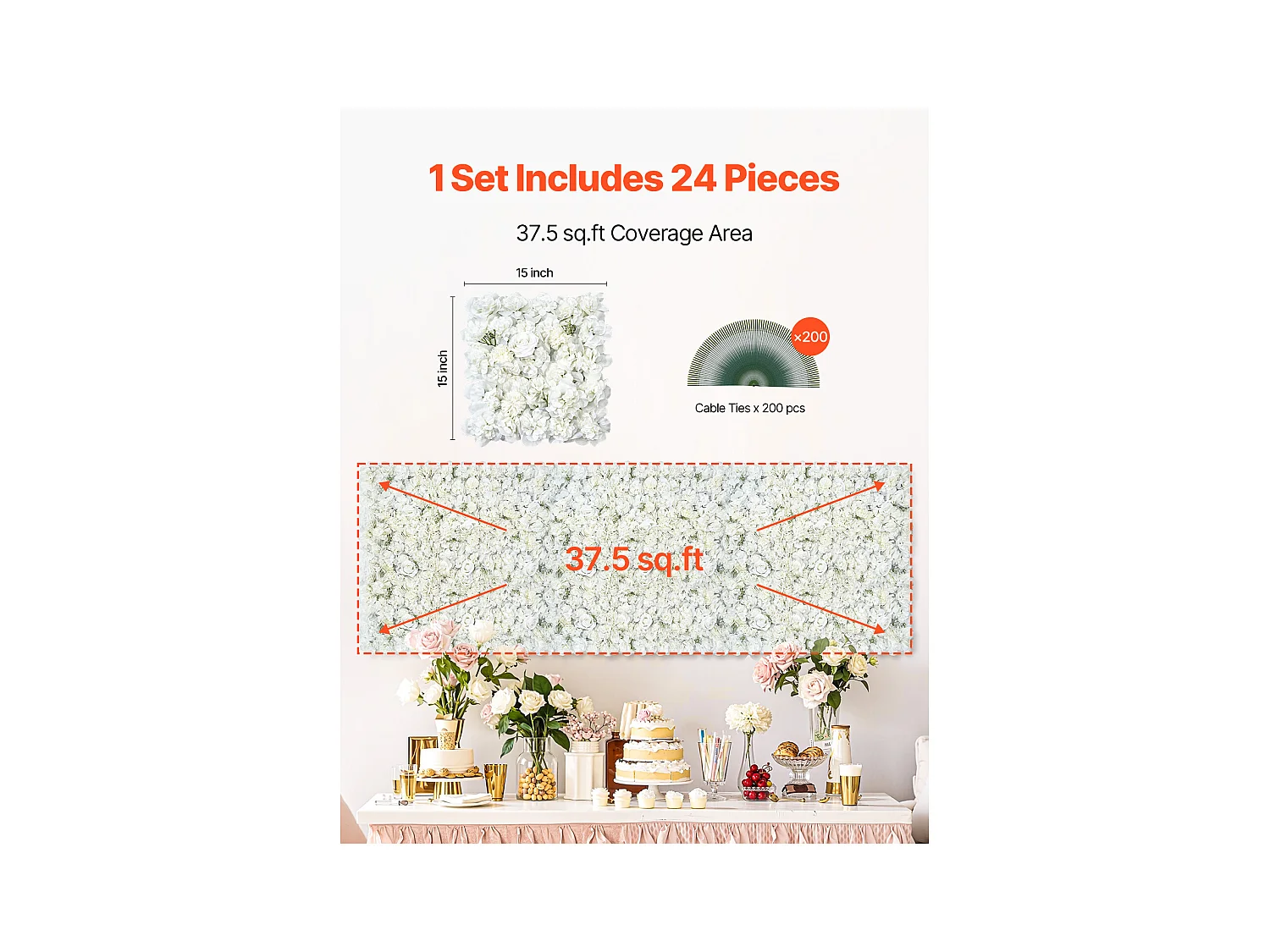 Panneaux Artificiels, SucceBuy Panneau Mural Floral 3D, 24 Pièces 38 × 38 cm, Toile de Fond Florale Artificielle pour Mariage