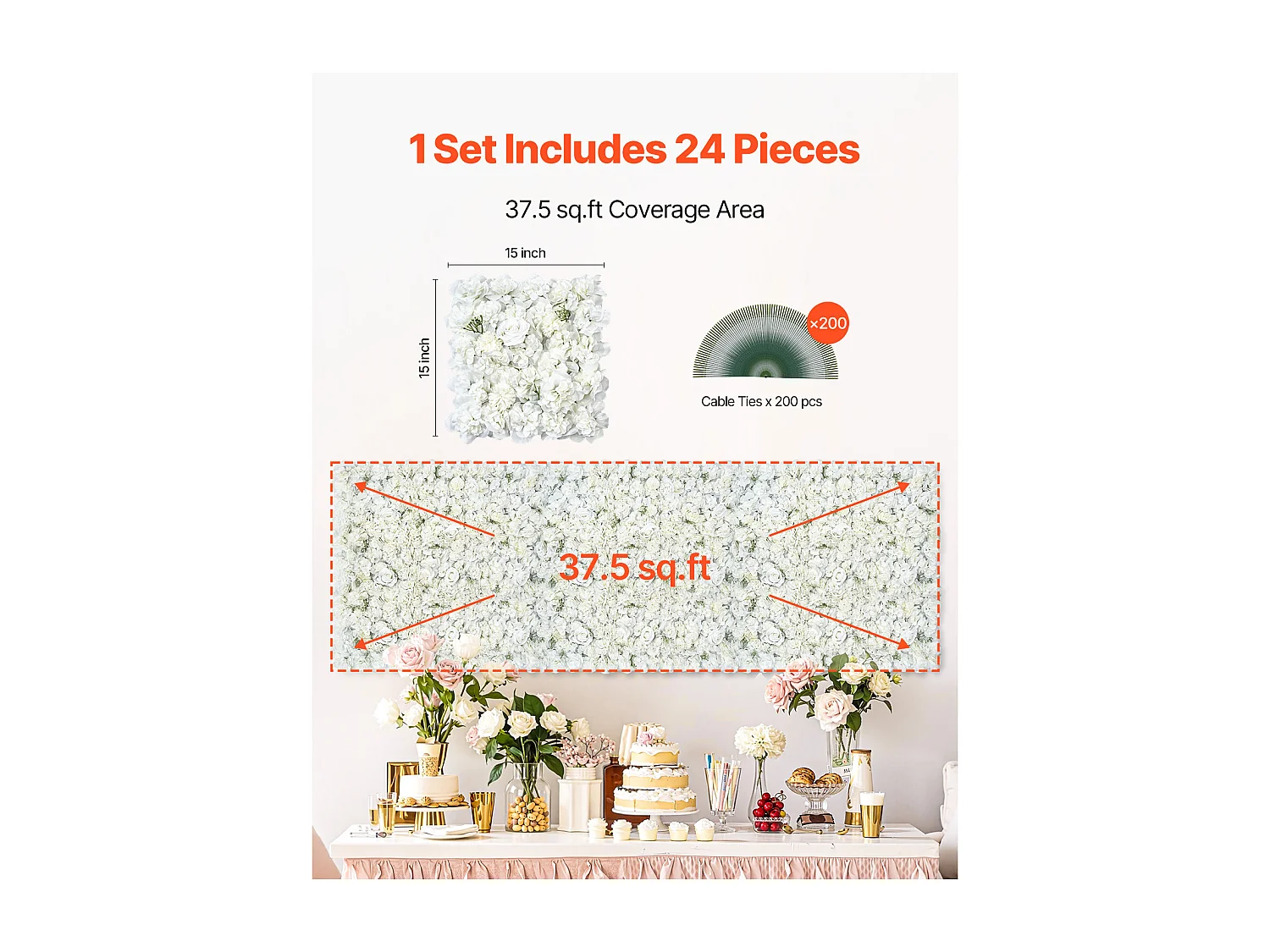 Panneaux Artificiels, SucceBuy Panneau Mural Floral 3D, 24 Pièces 38 × 38 cm, Toile de Fond Florale Artificielle pour Mariage