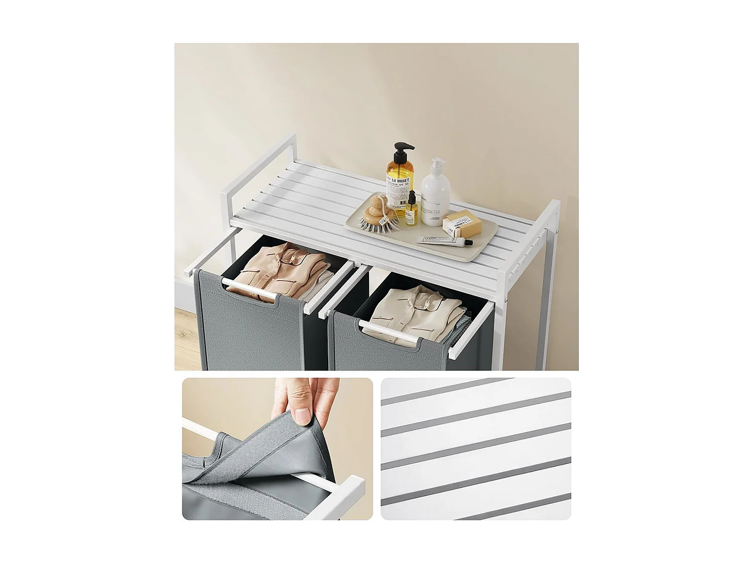 Panier à linge 2 compartiments blanc et gris - H71 cm