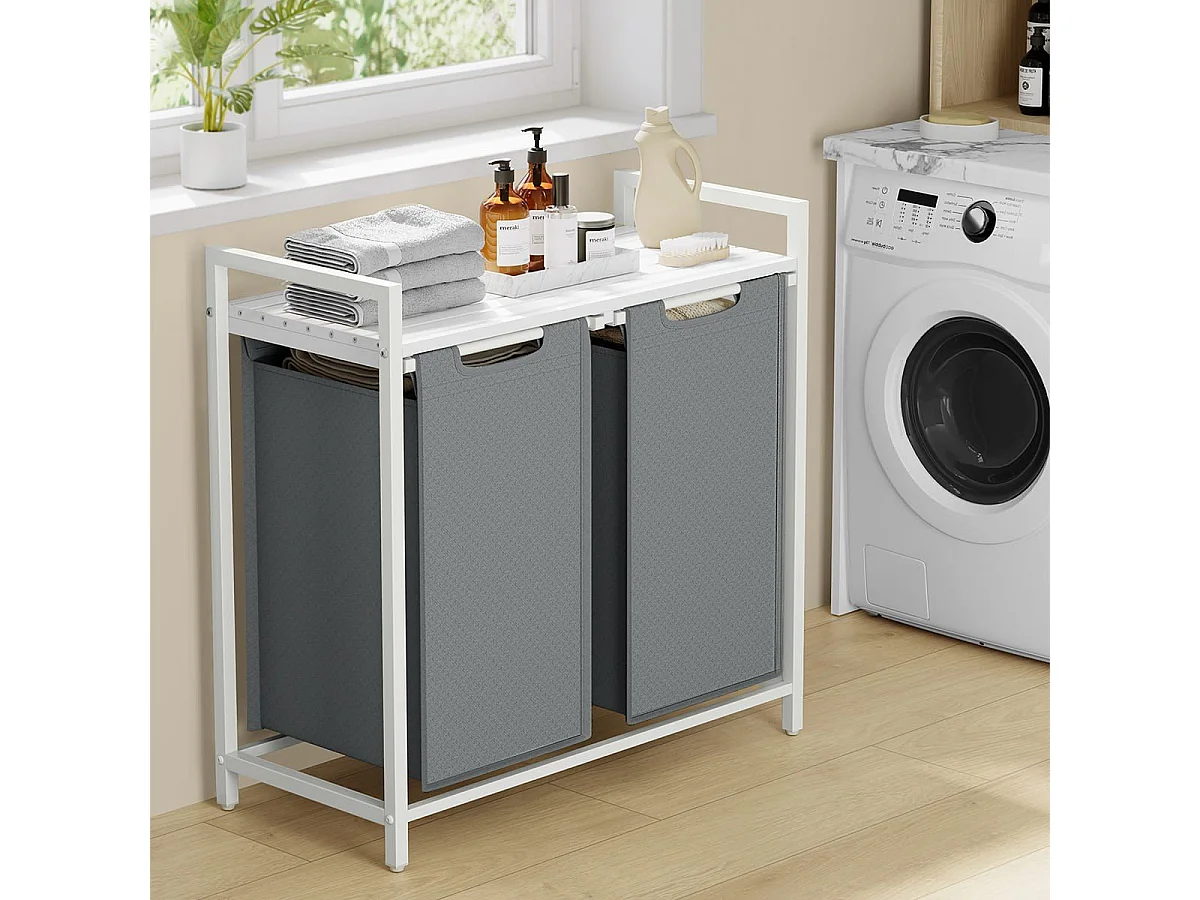 Panier à linge 2 compartiments blanc et gris - H71 cm