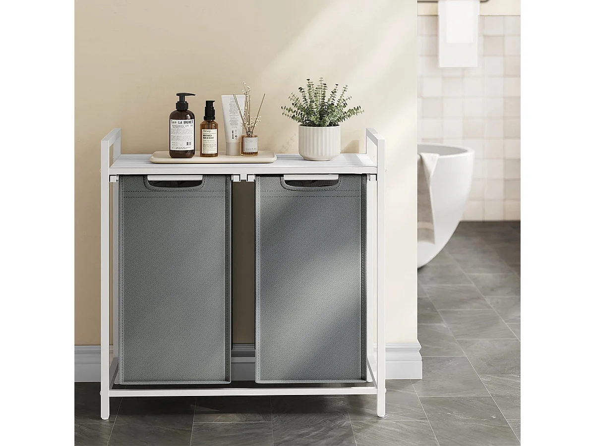 Panier à linge 2 compartiments blanc et gris - H71 cm