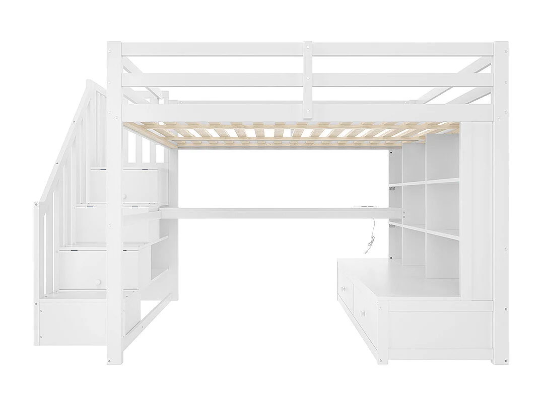 Lit mezzanine 140x200 bureau étagères deux tiroirs intégrés escalier rangement blanc
