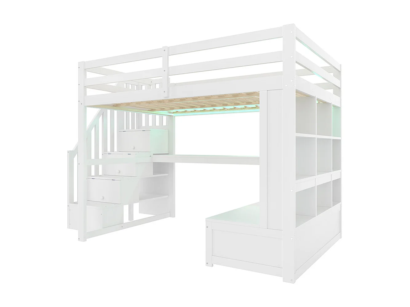 Lit mezzanine 140x200 bureau étagères deux tiroirs intégrés escalier rangement blanc
