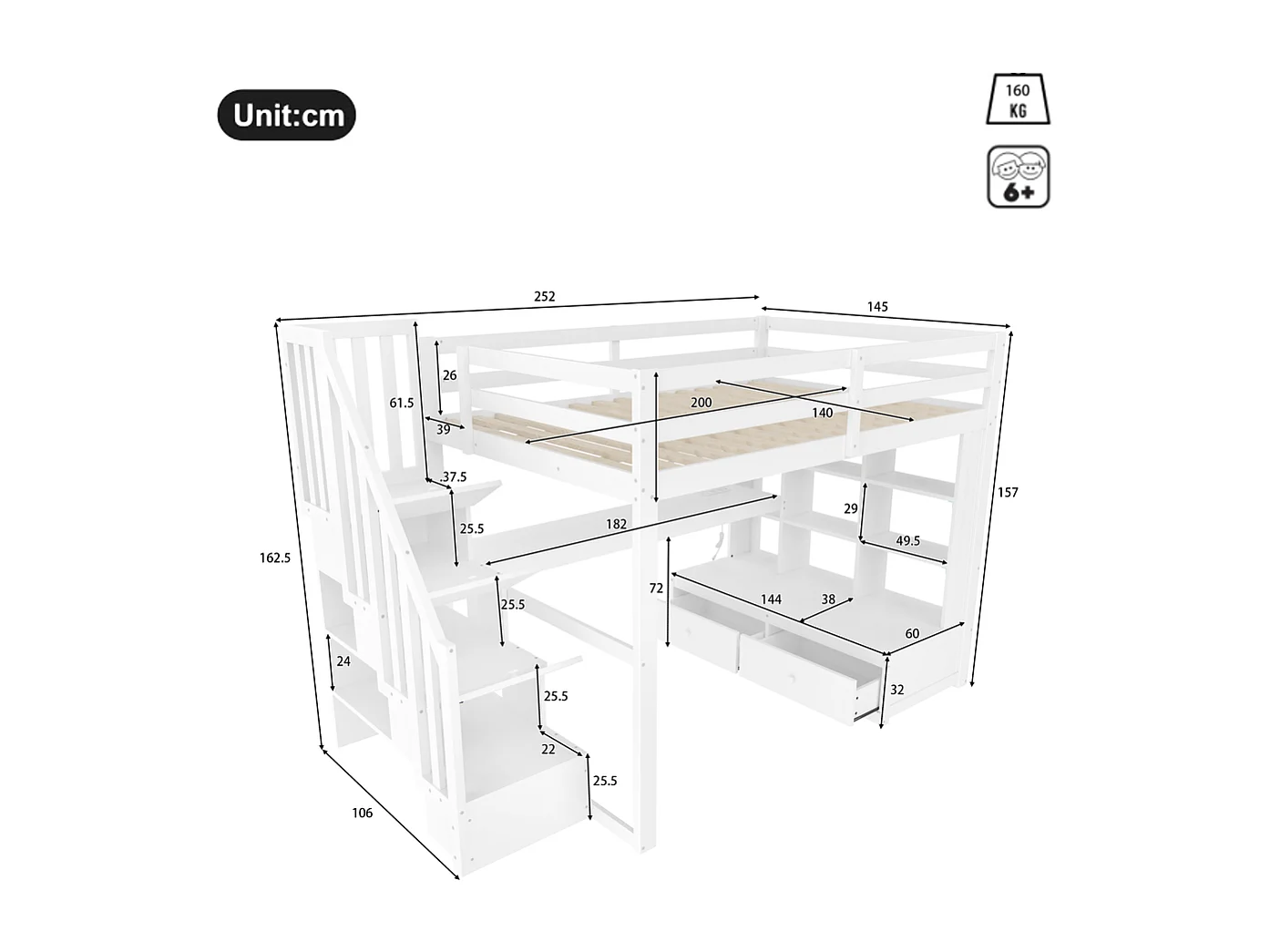 Lit mezzanine 140x200 bureau étagères deux tiroirs intégrés escalier rangement blanc