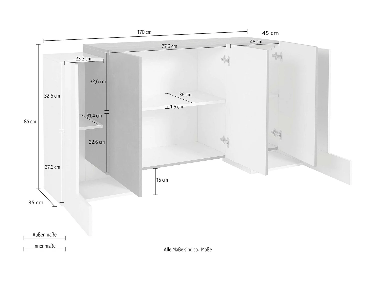 Aparador 170 cm cocina salón 5 puertas 4 estantes Pillon Lumi