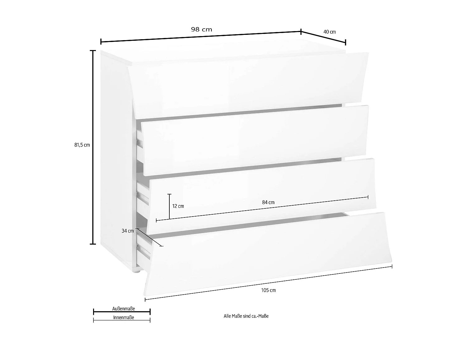 Commode chambre salon design 4 tiroirs blanc brillant Arco Draw