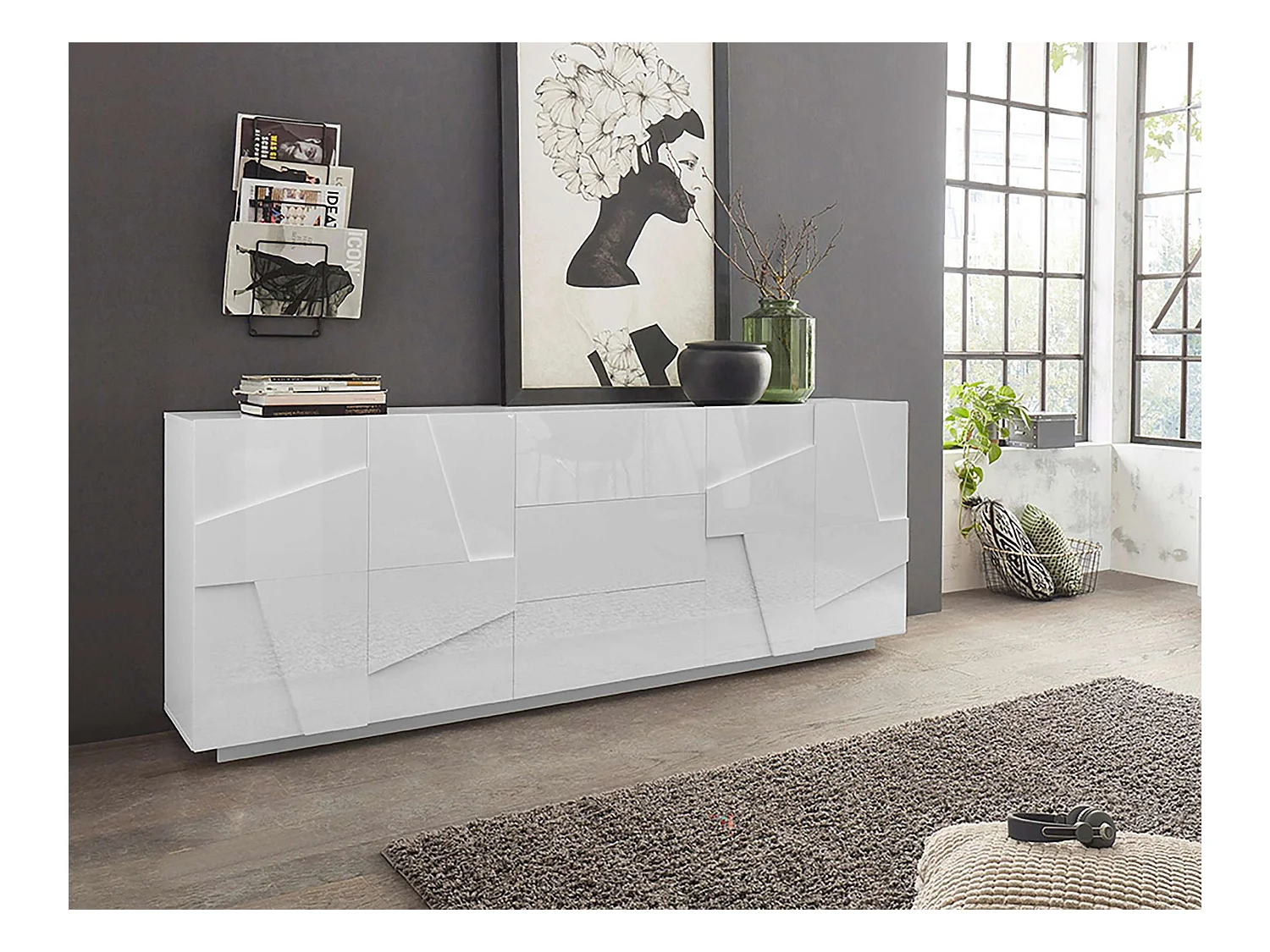 Mueble aparador diseño salón 4 puertas 3 cajones 220 cm blanco brillante Ping Wide