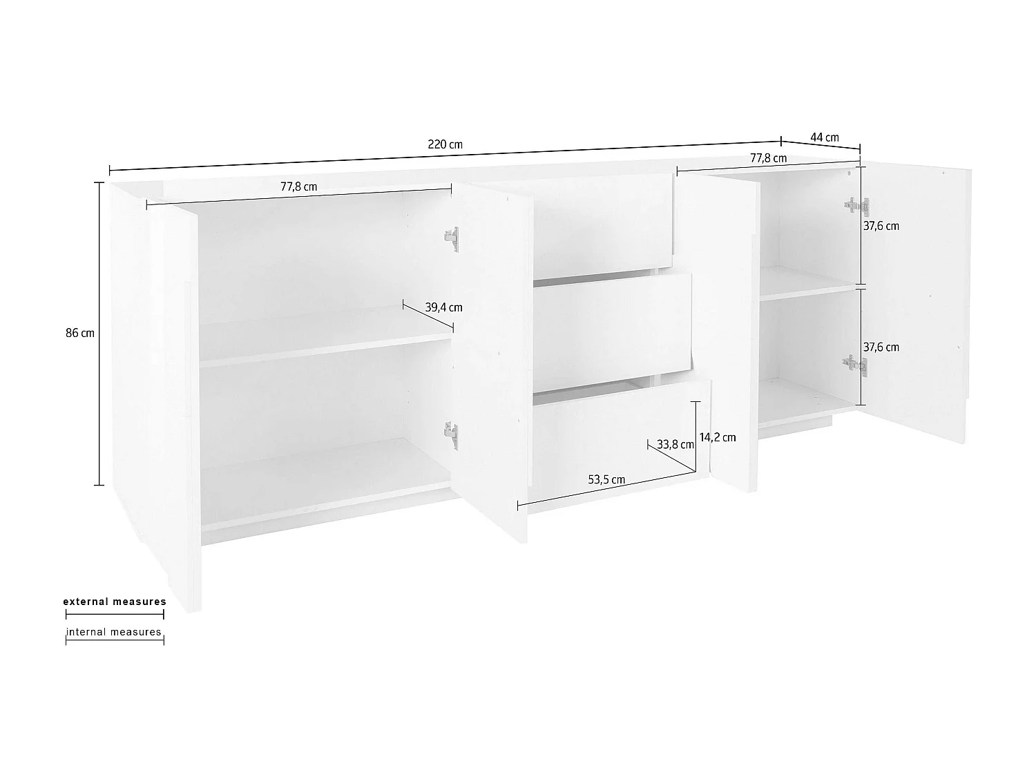 Mueble aparador diseño salón 4 puertas 3 cajones 220 cm blanco brillante Ping Wide