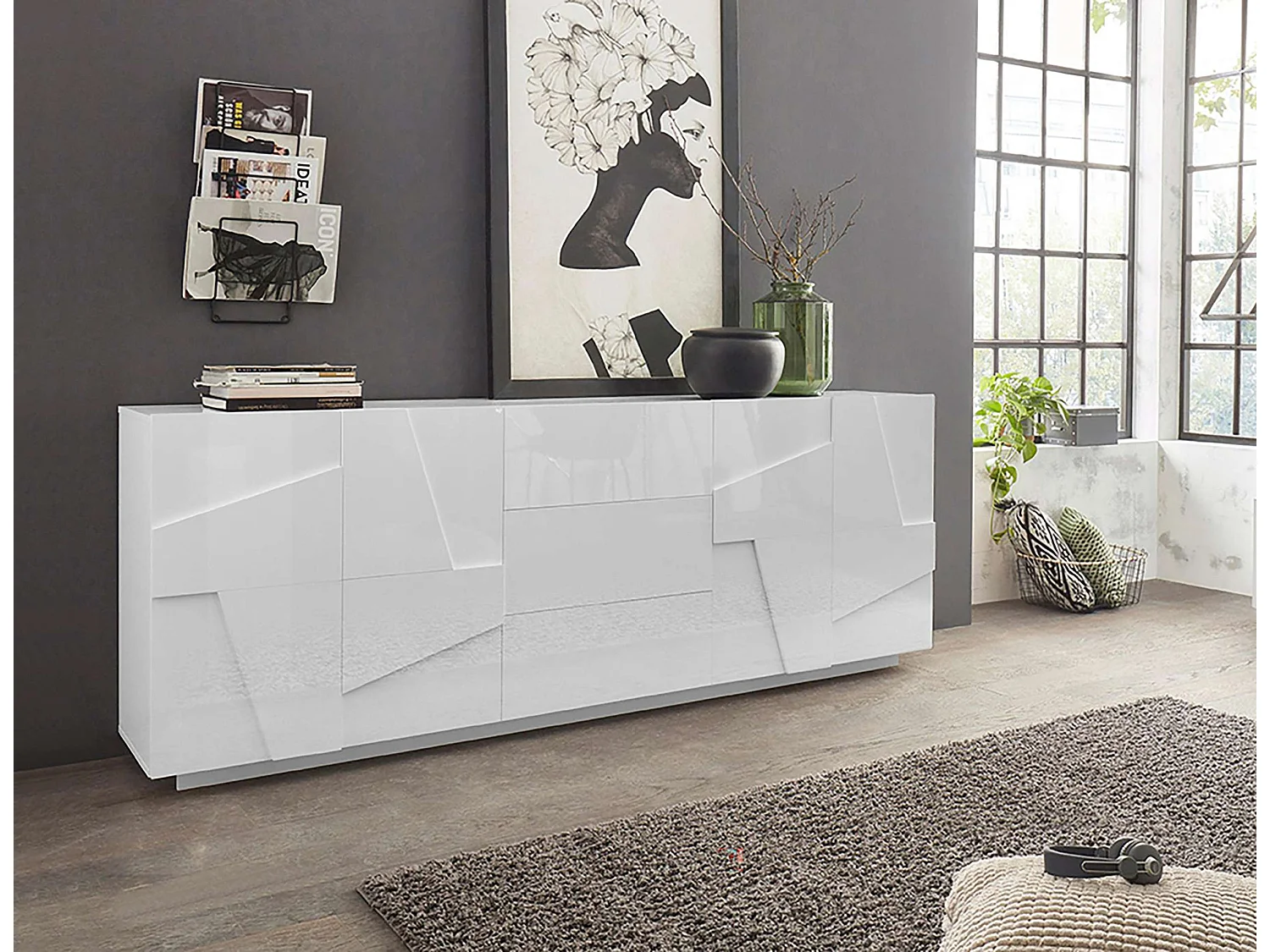 Mueble aparador diseño salón 4 puertas 3 cajones 220 cm blanco brillante Ping Wide