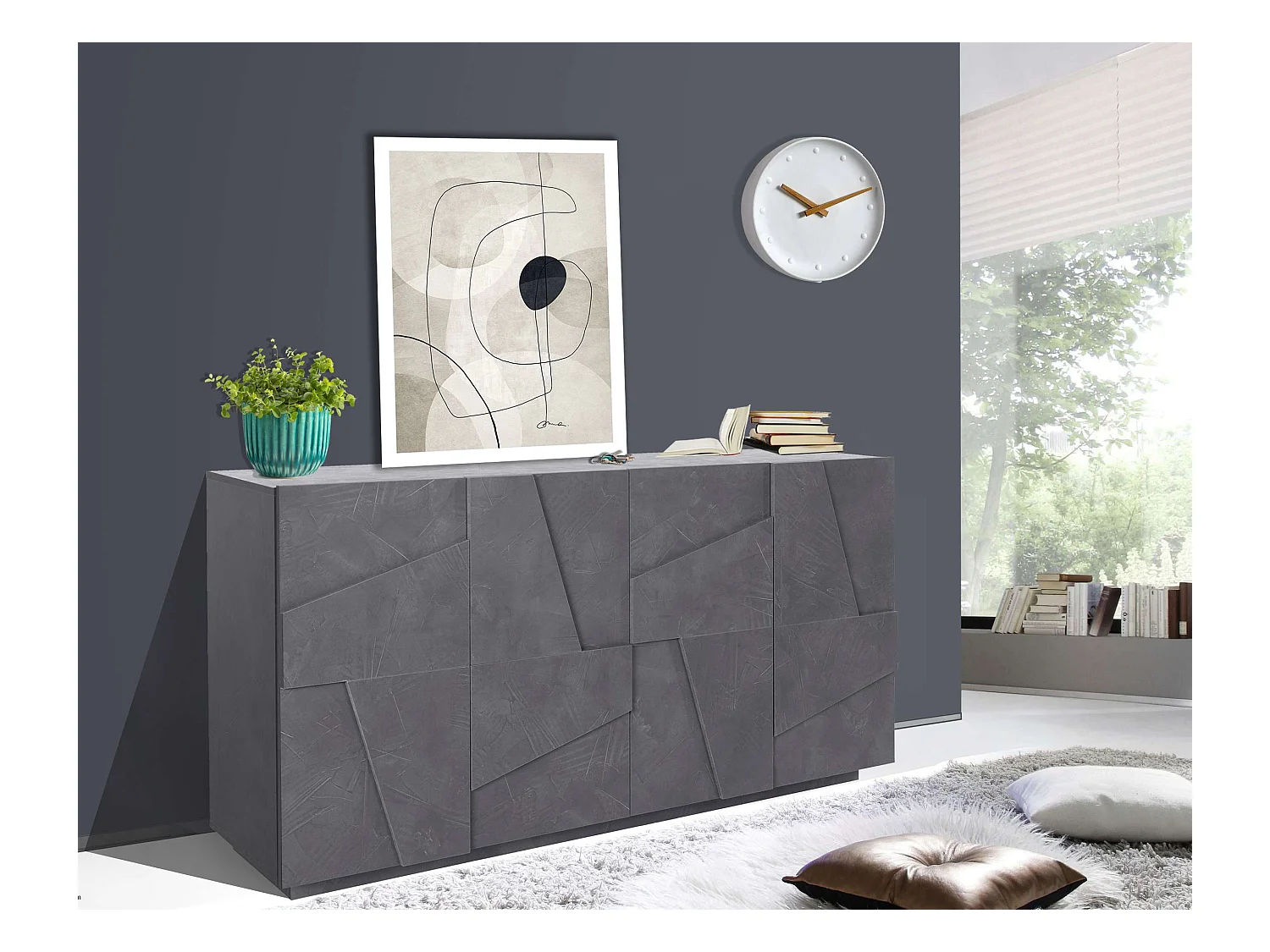 Mueble Aparador para salón de 4 puertas y 2 estantes moderno Ping Side L Ardesia